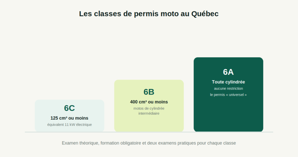 Comparaison des classes de permis moto québécois 6A, 6B et 6C selon la cylindrée