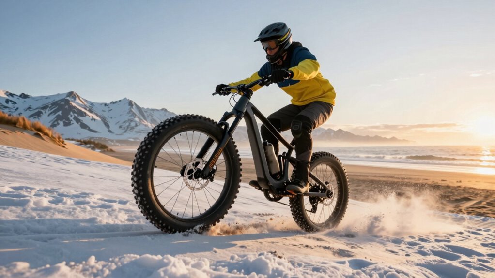 Fat bike électrique roulant sur un sentier enneigé en hiver
