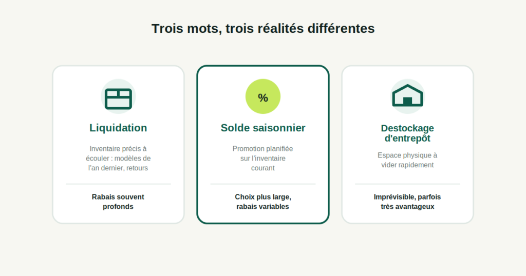 Comparaison entre liquidation, solde saisonnier et destockage d'entrepôt pour un vélo électrique