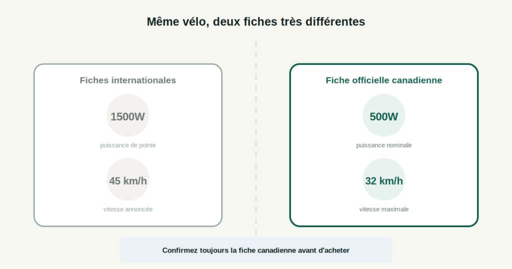 Comparaison entre la fiche technique internationale de l'Eskute V100 (1500W, 45 km/h) et la fiche officielle canadienne conforme (500W, 32 km/h)